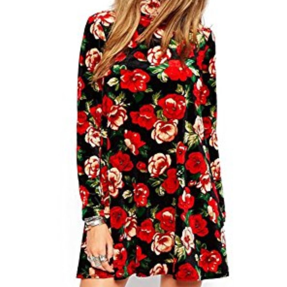 Vintage Floral Velvet Turtleneck Long Sleeve Dress